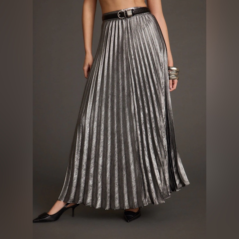 NWT 12th Tribe Electric Love Gunmetal Metallic Pleated Maxi Skirt Size M - Picture 3 of 8